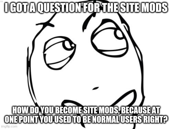 Question Rage Face Meme | I GOT A QUESTION FOR THE SITE MODS; HOW DO YOU BECOME SITE MODS, BECAUSE AT ONE POINT YOU USED TO BE NORMAL USERS RIGHT? | image tagged in memes,question rage face | made w/ Imgflip meme maker