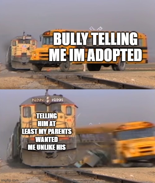 A train hitting a school bus | BULLY TELLING ME IM ADOPTED; TELLING HIM AT LEAST MY PARENTS WANTED ME UNLIKE HIS | image tagged in a train hitting a school bus | made w/ Imgflip meme maker