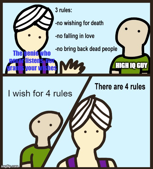 High IQ Guy Broke The System... | The genie who never listens, nor grants your wishes; HIGH IQ GUY; I wish for 4 rules | image tagged in genie rules meme,infinite iq,he actually listened | made w/ Imgflip meme maker