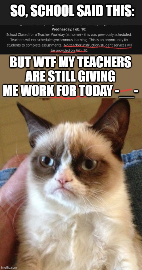 aeugh ;-; | SO, SCHOOL SAID THIS:; BUT WTF MY TEACHERS ARE STILL GIVING ME WORK FOR TODAY -__- | made w/ Imgflip meme maker