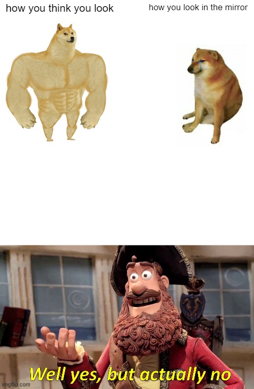 Yeet | how you think you look; how you look in the mirror | image tagged in memes,buff doge vs cheems,well yes but actually no | made w/ Imgflip meme maker