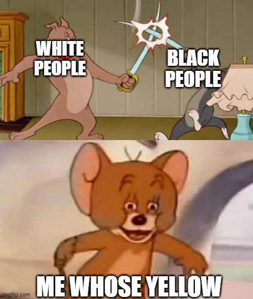 i mean its true | BLACK PEOPLE; WHITE PEOPLE; ME WHOSE YELLOW | image tagged in tom and jerry swordfight,black people,white people,yellow people | made w/ Imgflip meme maker