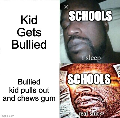 Sleeping Shaq | Kid Gets Bullied; SCHOOLS; SCHOOLS; Bullied kid pulls out and chews gum | image tagged in memes,sleeping shaq | made w/ Imgflip meme maker