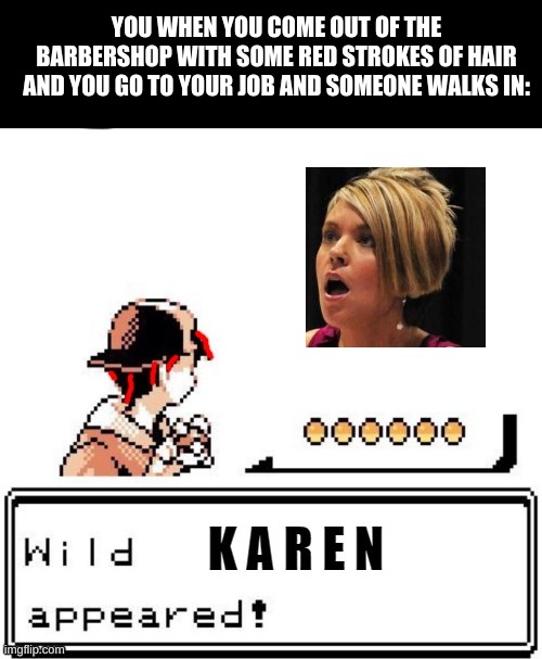 karen-mon gotta catch em' all | YOU WHEN YOU COME OUT OF THE BARBERSHOP WITH SOME RED STROKES OF HAIR AND YOU GO TO YOUR JOB AND SOMEONE WALKS IN: | image tagged in omg karen | made w/ Imgflip meme maker