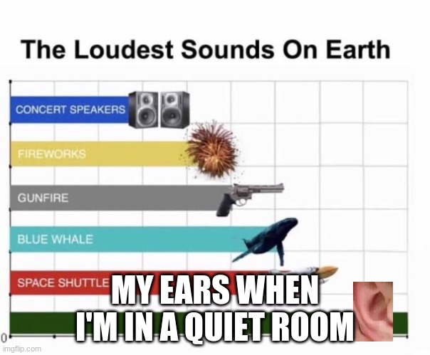 The Loudest Sounds on Earth | MY EARS WHEN I'M IN A QUIET ROOM | image tagged in the loudest sounds on earth | made w/ Imgflip meme maker