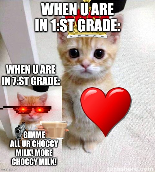 Cute Cat Meme | WHEN U ARE IN 1:ST GRADE:; WHEN U ARE IN 7:ST GRADE:; GIMME ALL UR CHOCCY MILK! MORE CHOCCY MILK! | image tagged in memes,cute cat | made w/ Imgflip meme maker