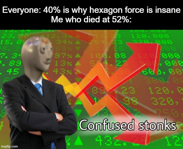 Confused Stonks | Everyone: 40% is why hexagon force is insane
Me who died at 52%: | image tagged in confused stonks | made w/ Imgflip meme maker