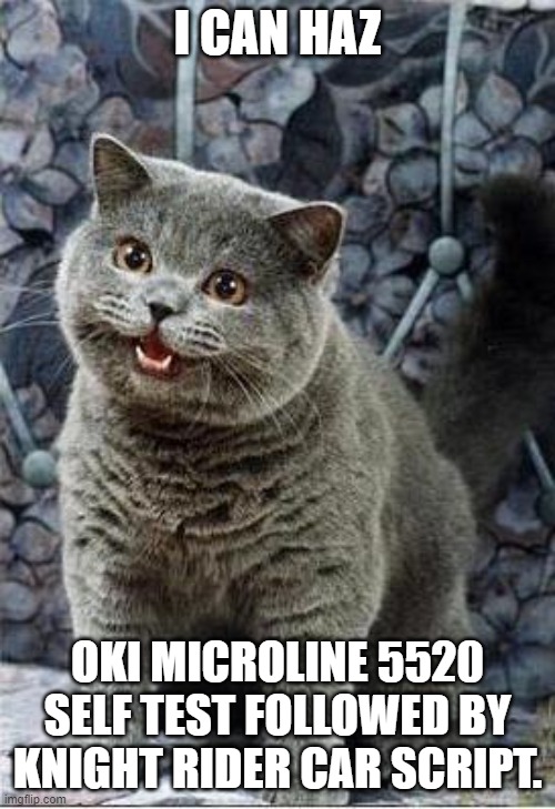 Self Testing on OKI Microline 5520 Dot Matrix Printer | I CAN HAZ; OKI MICROLINE 5520 SELF TEST FOLLOWED BY KNIGHT RIDER CAR SCRIPT. | image tagged in i can has cheezburger cat,oki microline 5520 self test | made w/ Imgflip meme maker
