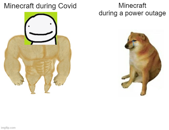 Buff Doge vs. Cheems | Minecraft during Covid; Minecraft during a power outage | image tagged in memes,buff doge vs cheems,dream | made w/ Imgflip meme maker