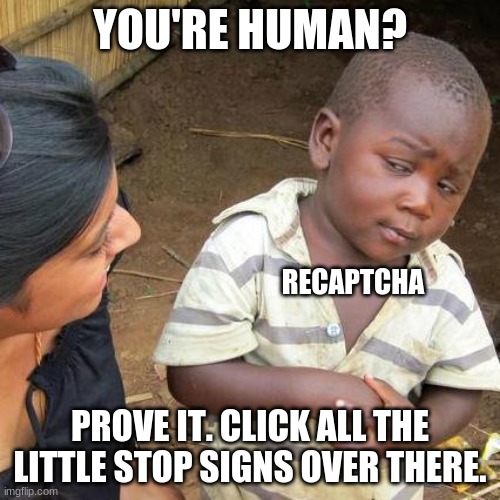 Recaptcha. haha. | YOU'RE HUMAN? RECAPTCHA; PROVE IT. CLICK ALL THE LITTLE STOP SIGNS OVER THERE. | image tagged in memes,third world skeptical kid | made w/ Imgflip meme maker