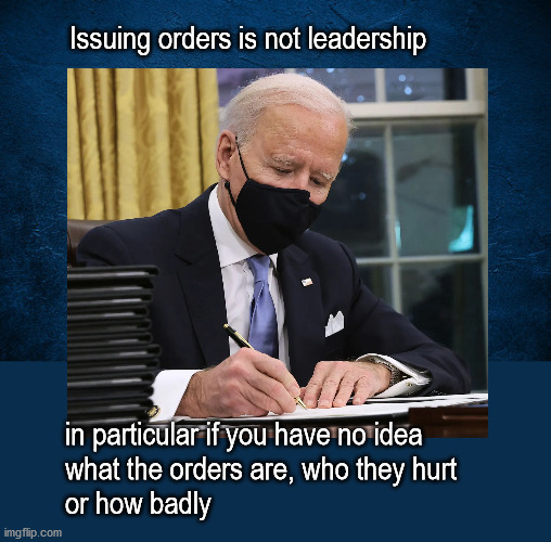 Joe Biden is no leader | Issuing orders is not leadership; in particular if you have no idea 
what the orders are, who they hurt
or how badly | image tagged in politics | made w/ Imgflip meme maker