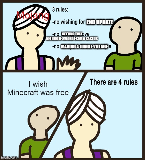 Genie Rules Meme | Mojang; END UPDATE; GETTING THAT NETHERITE SWORD FROM A CACTUS; MAKING A JUNGLE VILLAGE; I wish Minecraft was free | image tagged in genie rules meme,gaming,minecraft | made w/ Imgflip meme maker
