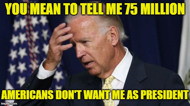 Joe Biden worries | YOU MEAN TO TELL ME 75 MILLION AMERICANS DON'T WANT ME AS PRESIDENT | image tagged in joe biden worries | made w/ Imgflip meme maker