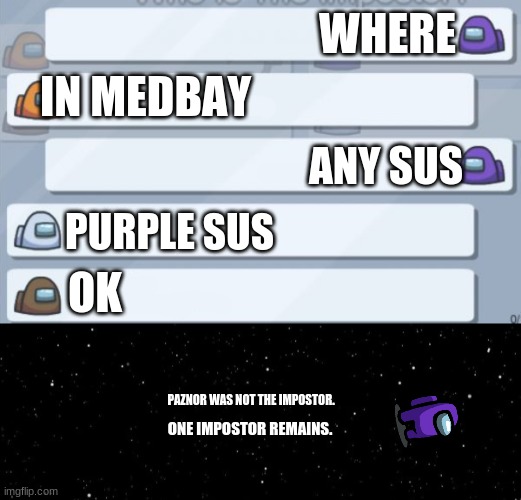 Every among us game ever | WHERE; IN MEDBAY; ANY SUS; PURPLE SUS; OK; PAZNOR WAS NOT THE IMPOSTOR. ONE IMPOSTOR REMAINS. | image tagged in among us chat,among us ejected | made w/ Imgflip meme maker