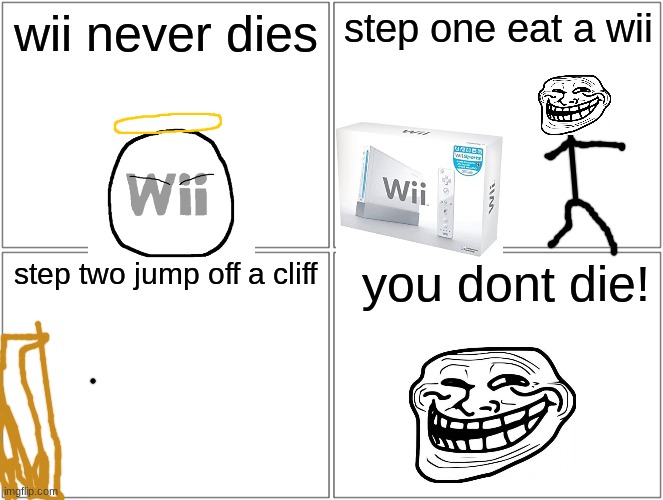 how to live forever | wii never dies; step one eat a wii; you dont die! step two jump off a cliff | image tagged in memes,blank comic panel 2x2,troll | made w/ Imgflip meme maker
