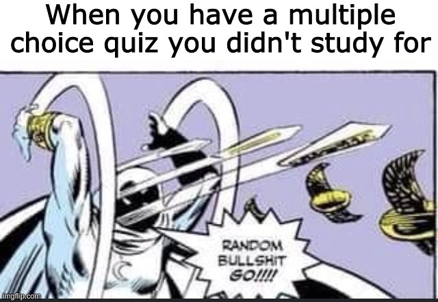 Random Bullshit Go |  When you have a multiple choice quiz you didn't study for | image tagged in random bullshit go,funny memes,memes | made w/ Imgflip meme maker