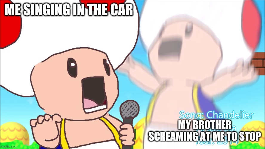 mad brother | ME SINGING IN THE CAR; MY BROTHER SCREAMING AT ME TO STOP | image tagged in toad | made w/ Imgflip meme maker