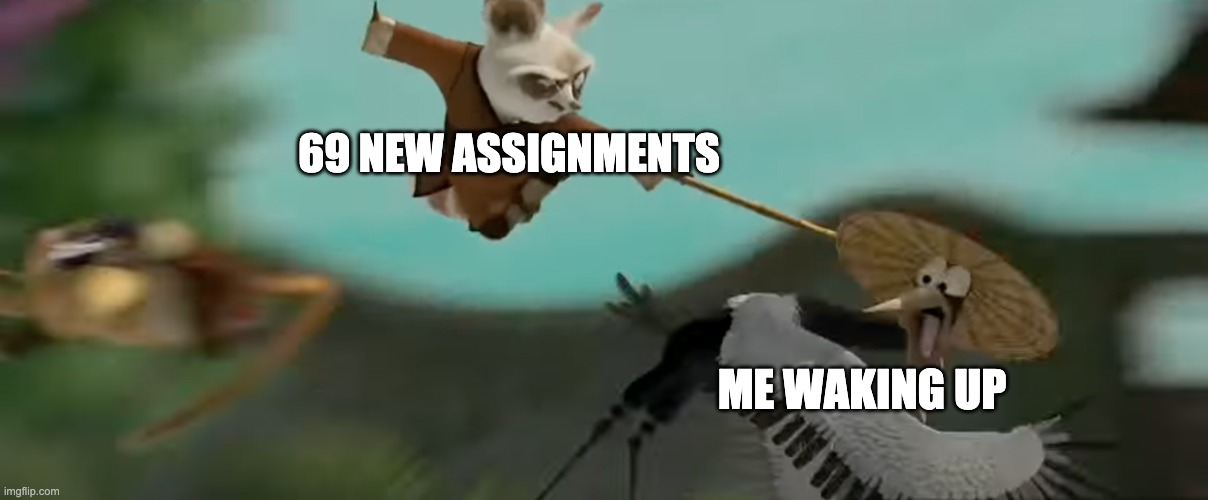  69 NEW ASSIGNMENTS; ME WAKING UP | image tagged in shifu vs crane,69 | made w/ Imgflip meme maker