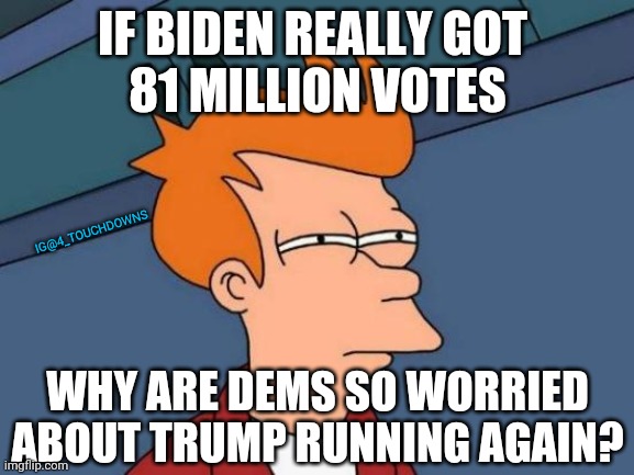 Things that make you go hmmm... | IF BIDEN REALLY GOT 
81 MILLION VOTES; IG@4_TOUCHDOWNS; WHY ARE DEMS SO WORRIED ABOUT TRUMP RUNNING AGAIN? | image tagged in joe biden,election fraud,trump | made w/ Imgflip meme maker