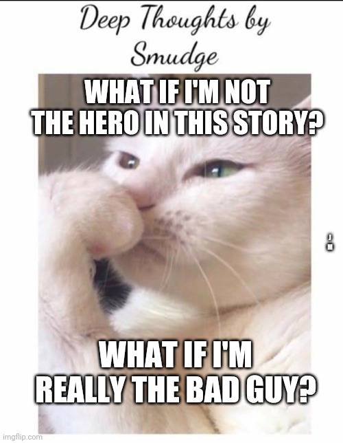 Smudge | WHAT IF I'M NOT THE HERO IN THIS STORY? J M; WHAT IF I'M REALLY THE BAD GUY? | image tagged in smudge | made w/ Imgflip meme maker