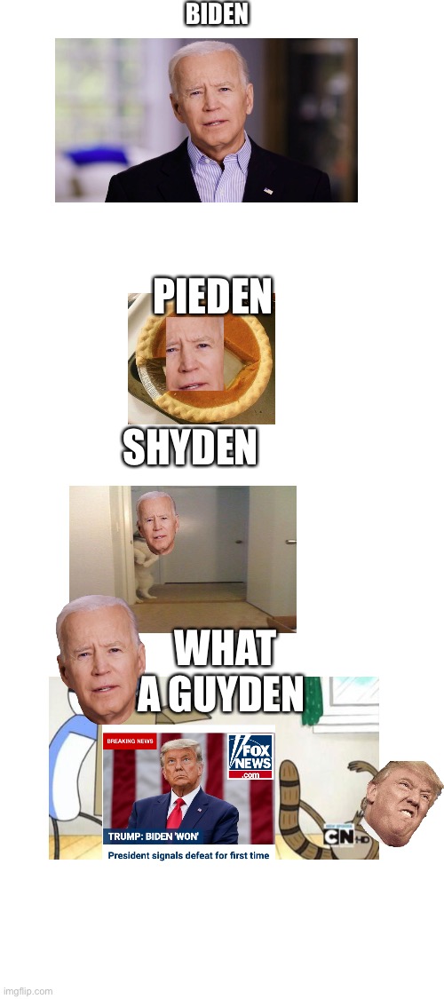 Shyden looks so funny | BIDEN; PIEDEN; SHYDEN; WHAT A GUYDEN | image tagged in blank white template | made w/ Imgflip meme maker