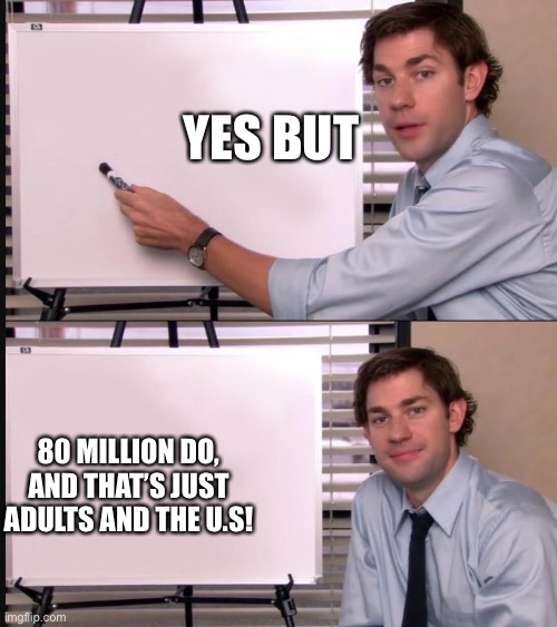 Jim Halpert Pointing to Whiteboard | YES BUT 80 MILLION DO, AND THAT’S JUST ADULTS AND THE U.S! | image tagged in jim halpert pointing to whiteboard | made w/ Imgflip meme maker