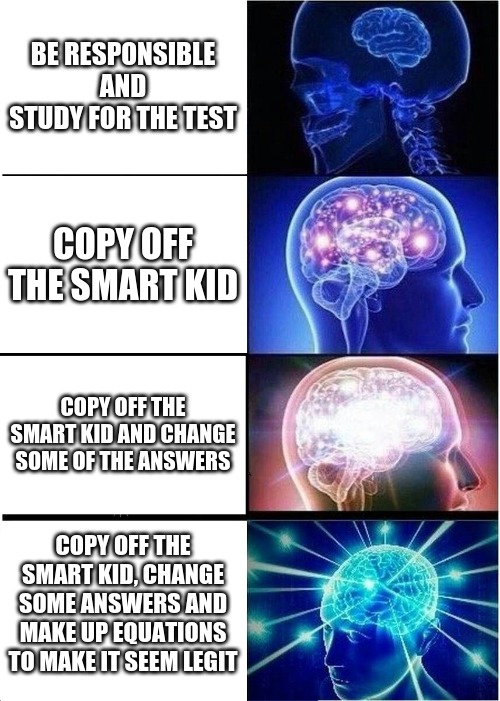 Cheating in School | BE RESPONSIBLE AND STUDY FOR THE TEST; COPY OFF THE SMART KID; COPY OFF THE SMART KID AND CHANGE SOME OF THE ANSWERS; COPY OFF THE SMART KID, CHANGE SOME ANSWERS AND MAKE UP EQUATIONS TO MAKE IT SEEM LEGIT | image tagged in memes,expanding brain | made w/ Imgflip meme maker