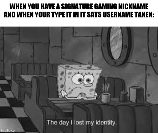 The day I lost my identity | WHEN YOU HAVE A SIGNATURE GAMING NICKNAME AND WHEN YOUR TYPE IT IN IT SAYS USERNAME TAKEN: | image tagged in the day i lost my identity | made w/ Imgflip meme maker