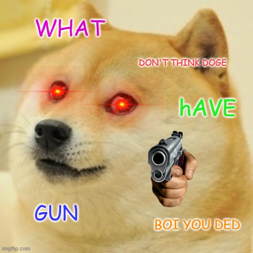 Doge | WHAT; DON'T THINK DOGE; hAVE; GUN; BOI YOU DED | image tagged in memes,doge | made w/ Imgflip meme maker