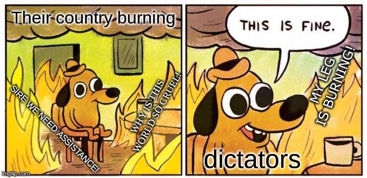 This Is Fine | Their country burning; MY LEG IS BURNING! WHY IS THIS WORLD SO CRUEL! SIRE WE NEED ASSISTANCE! dictators | image tagged in memes,this is fine | made w/ Imgflip meme maker