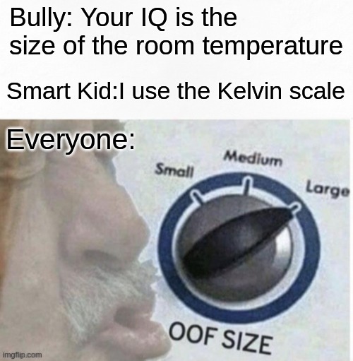 smart kids be like | Bully: Your IQ is the size of the room temperature; Smart Kid:I use the Kelvin scale; Everyone: | image tagged in oof size large,memes | made w/ Imgflip meme maker