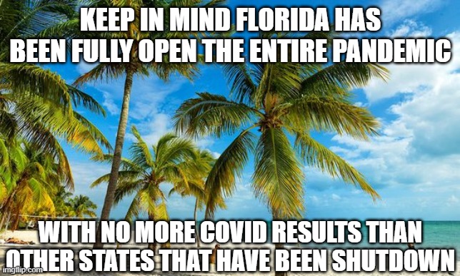 Florida weather | KEEP IN MIND FLORIDA HAS BEEN FULLY OPEN THE ENTIRE PANDEMIC; WITH NO MORE COVID RESULTS THAN OTHER STATES THAT HAVE BEEN SHUTDOWN | image tagged in florida weather | made w/ Imgflip meme maker