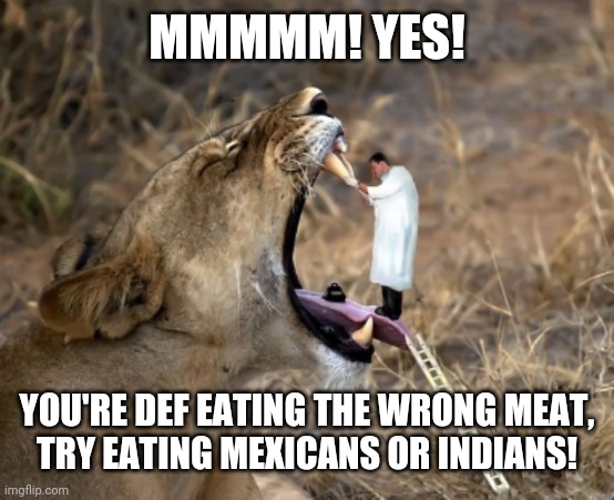 MMMMM! YES! YOU'RE DEF EATING THE WRONG MEAT,
TRY EATING MEXICANS OR INDIANS! | image tagged in open up wide | made w/ Imgflip meme maker