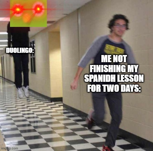 floating boy chasing running boy | DUOLINGO:; ME NOT FINISHING MY SPANIDH LESSON FOR TWO DAYS: | image tagged in floating boy chasing running boy | made w/ Imgflip meme maker