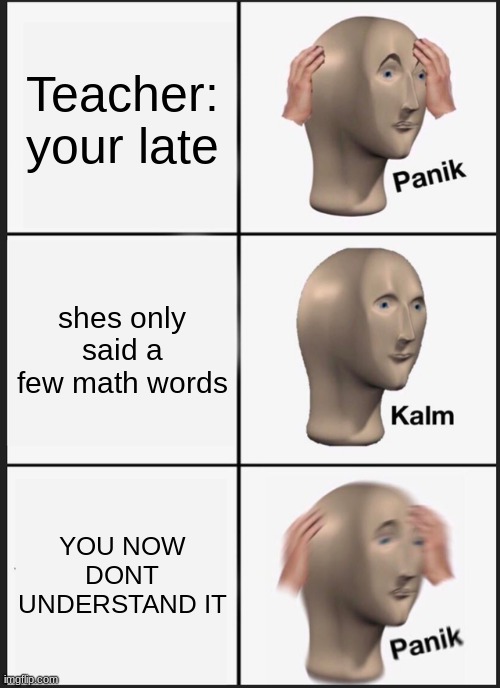 FR this is me right now on my google meet XD lol. | Teacher: your late; shes only said a few math words; YOU NOW DONT UNDERSTAND IT | image tagged in memes,panik kalm panik | made w/ Imgflip meme maker