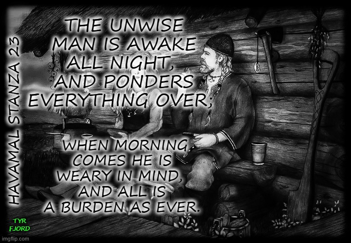 Havamal | THE UNWISE MAN IS AWAKE ALL NIGHT, 
AND PONDERS EVERYTHING OVER;; WHEN MORNING COMES HE IS WEARY IN MIND, 
AND ALL IS A BURDEN AS EVER. HAVAMAL STANZA 23; TYR
FJORD | image tagged in faith,odin,gods,wise man,heathen,pagan | made w/ Imgflip meme maker