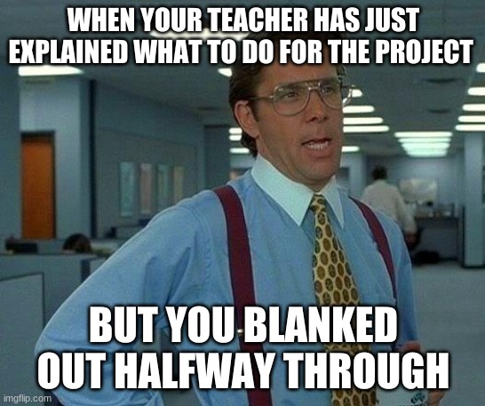 That Would Be Great Meme | WHEN YOUR TEACHER HAS JUST EXPLAINED WHAT TO DO FOR THE PROJECT; BUT YOU BLANKED OUT HALFWAY THROUGH | image tagged in memes,that would be great | made w/ Imgflip meme maker