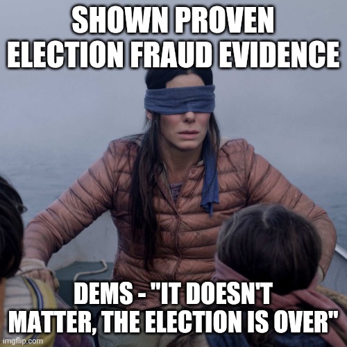 They want to stay blind to the truth. | SHOWN PROVEN ELECTION FRAUD EVIDENCE; DEMS - "IT DOESN'T MATTER, THE ELECTION IS OVER" | image tagged in memes,bird box | made w/ Imgflip meme maker