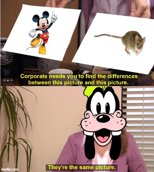 Goofy thinks mickey is a normal mouse | image tagged in memes,they're the same picture | made w/ Imgflip meme maker