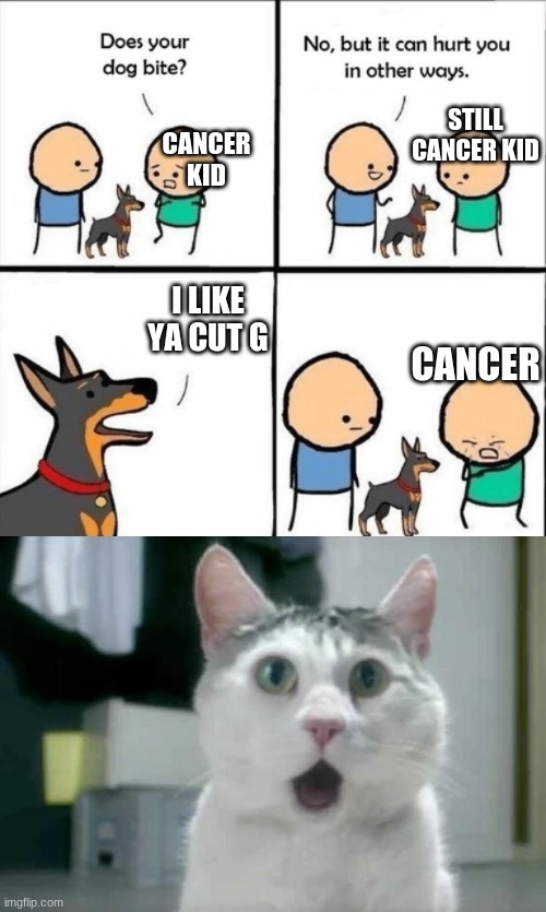 i like ya cut g | CANCER KID; STILL CANCER KID; I LIKE YA CUT G; CANCER | image tagged in hurting dog meme,memes,omg cat | made w/ Imgflip meme maker