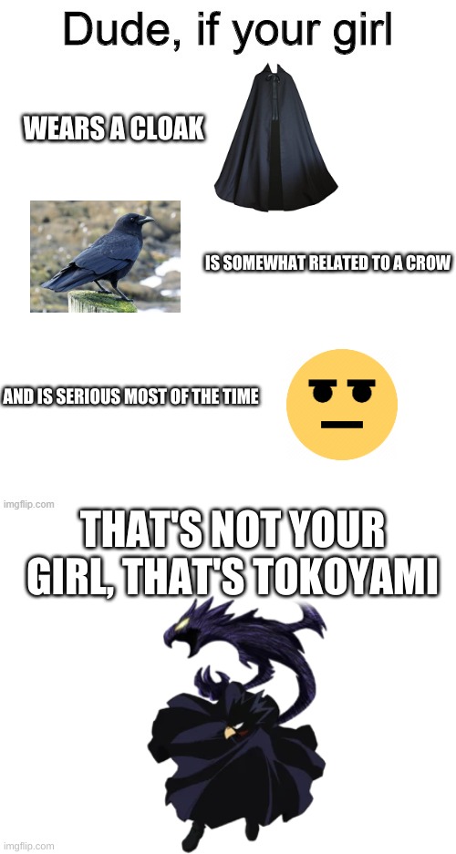 so how many of yall know raven from teen titans | WEARS A CLOAK; IS SOMEWHAT RELATED TO A CROW; AND IS SERIOUS MOST OF THE TIME; THAT'S NOT YOUR GIRL, THAT'S TOKOYAMI | image tagged in dude if your girl,blank white template | made w/ Imgflip meme maker