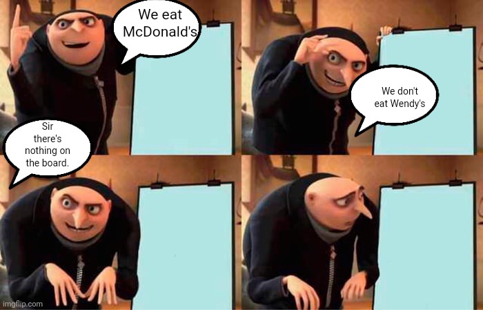 Gru's Plan | We eat McDonald's; We don't eat Wendy's; Sir there's nothing on the board. | image tagged in memes,gru's plan,wendys,mcdonalds | made w/ Imgflip meme maker