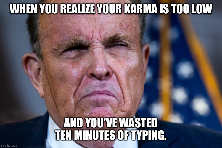 WHEN YOU REALIZE YOUR KARMA IS TOO LOW; AND YOU'VE WASTED TEN MINUTES OF TYPING. | made w/ Imgflip meme maker