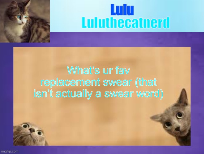 old Luluthecatnerd announcement template | What’s ur fav replacement swear (that isn’t actually a swear word) | image tagged in sparkle | made w/ Imgflip meme maker