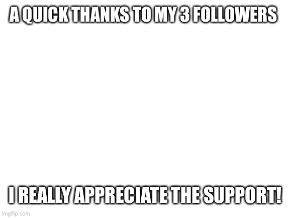 Thank you | A QUICK THANKS TO MY 3 FOLLOWERS; I REALLY APPRECIATE THE SUPPORT! | image tagged in blank white template | made w/ Imgflip meme maker