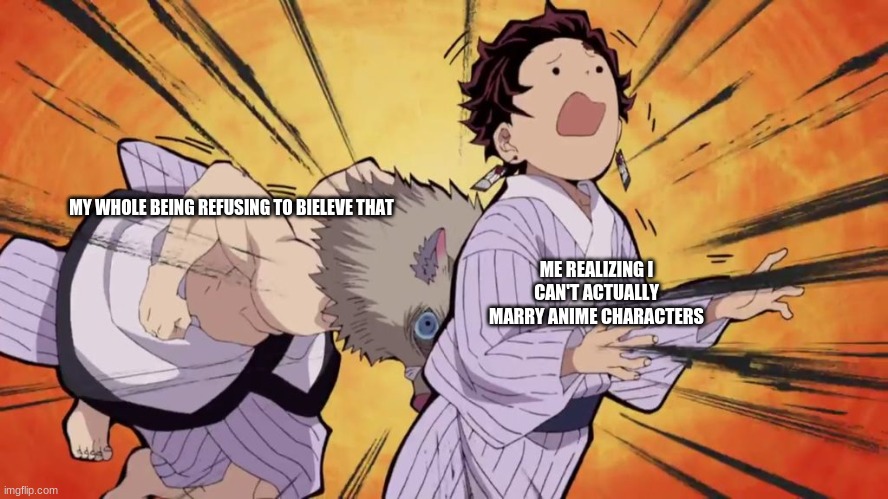 Demon slayer meme | MY WHOLE BEING REFUSING TO BELIEVE THAT; ME REALIZING I CAN'T ACTUALLY MARRY ANIME CHARACTERS | image tagged in anime memes,demon slayer memes,demon slayer,mylife | made w/ Imgflip meme maker