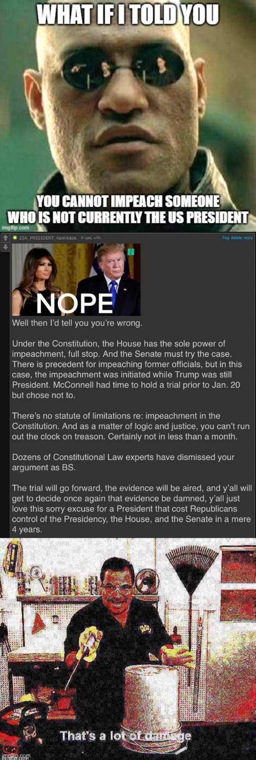 Why Trump’s impeachment is 1000% constitutional. | image tagged in kamikaze roast trump impeachment,that s a lot of damage deep-fried,trump impeachment,impeachment,impeach trump,impeach | made w/ Imgflip meme maker