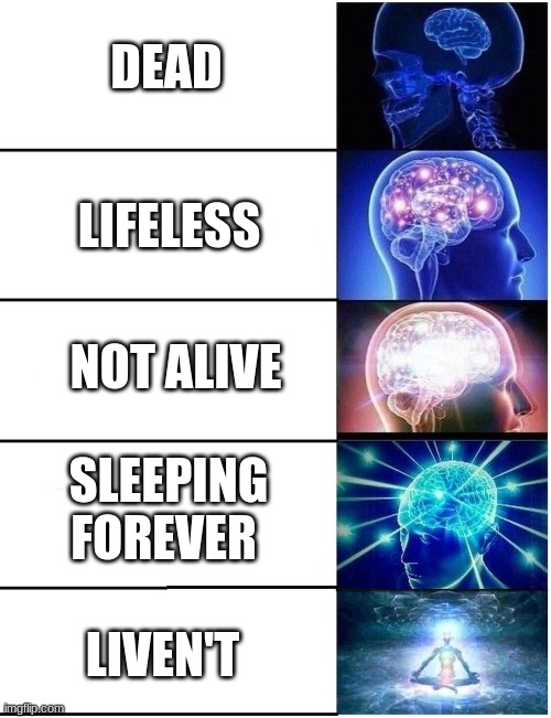 it's not die it's. . . | DEAD; LIFELESS; NOT ALIVE; SLEEPING FOREVER; LIVEN'T | image tagged in expanding brain 5 panel | made w/ Imgflip meme maker