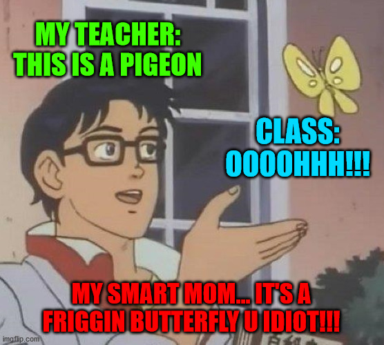 Is This A Pigeon |  MY TEACHER: THIS IS A PIGEON; CLASS: OOOOHHH!!! MY SMART MOM... IT'S A FRIGGIN BUTTERFLY U IDIOT!!! | image tagged in memes,is this a pigeon | made w/ Imgflip meme maker