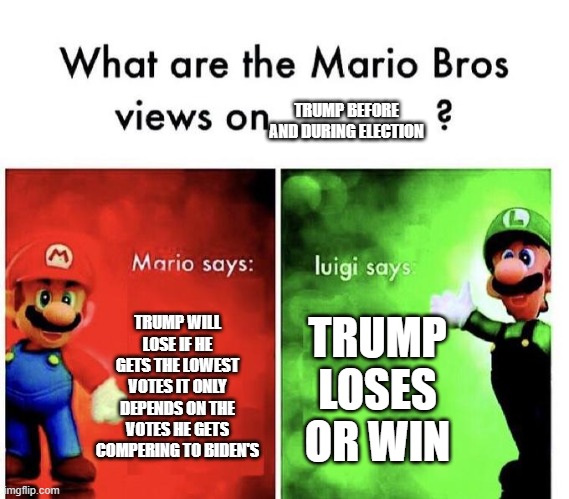Mario Bros Views | TRUMP BEFORE AND DURING ELECTION; TRUMP WILL LOSE IF HE GETS THE LOWEST VOTES IT ONLY DEPENDS ON THE VOTES HE GETS COMPERING TO BIDEN'S; TRUMP LOSES OR WIN | image tagged in mario bros views | made w/ Imgflip meme maker